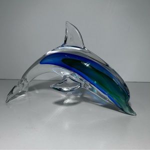 Dolphin Glass Dolphin Art Glass  Clear Green and Blue Paperweight Vintage